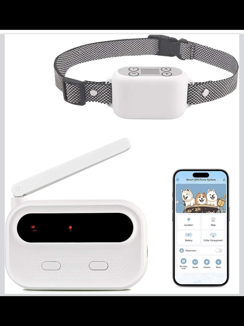 GPS Wireless Dog Fence System App Control No Wire 984FT Waterproof Collar White